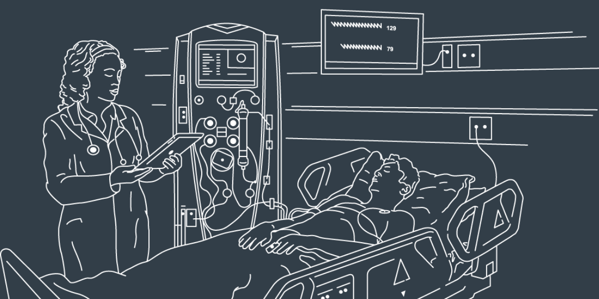 Line drawing of a clinician by a patient's bedside